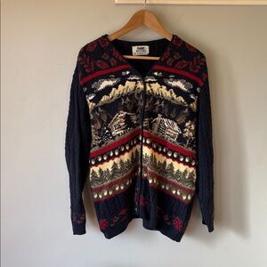 Northern Reflections Navy Knit Cardigan Large Red Pattern Cozy Cotton